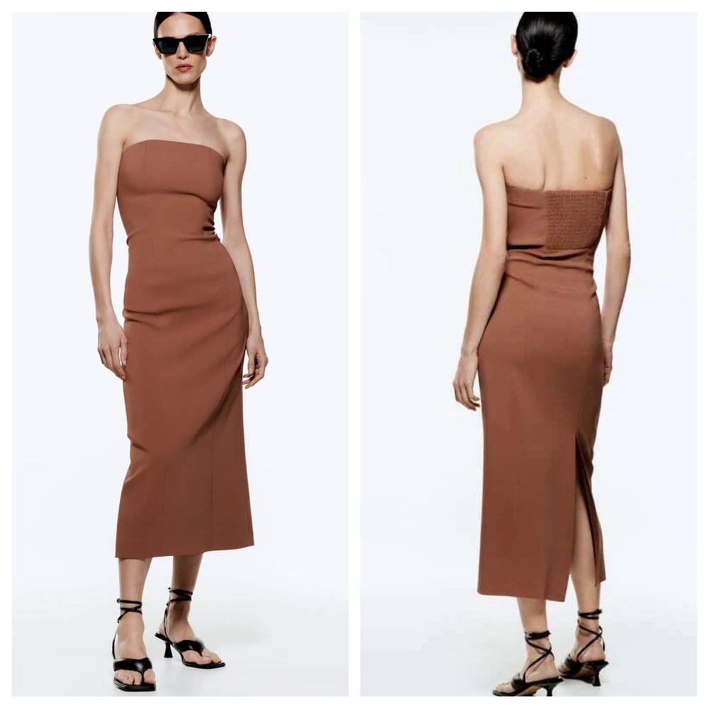 Zara Bustier Midi Dress Brown Medium Strapless Column Slit